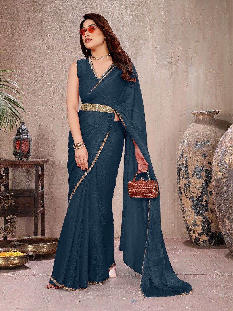 Refreshing Morpich Star Georgette Plain Saree with Work Lace & Matching Blouse