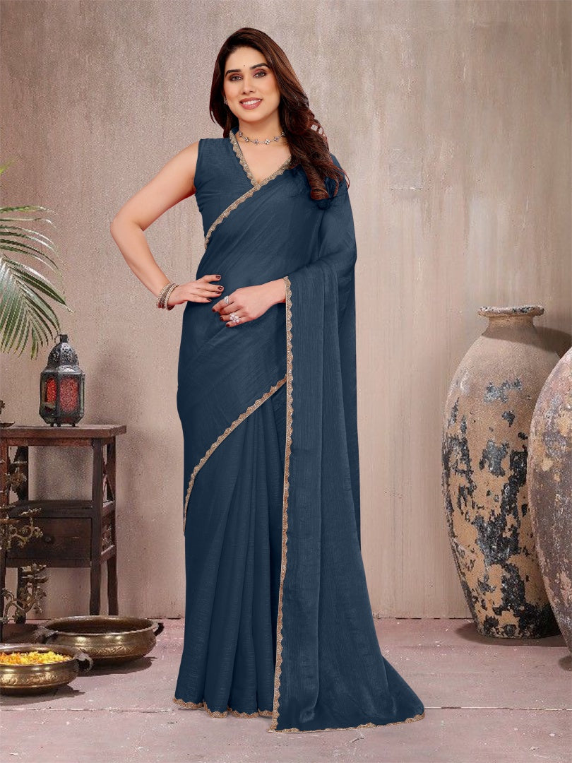 Refreshing Morpich Star Georgette Plain Saree with Work Lace & Matching Blouse