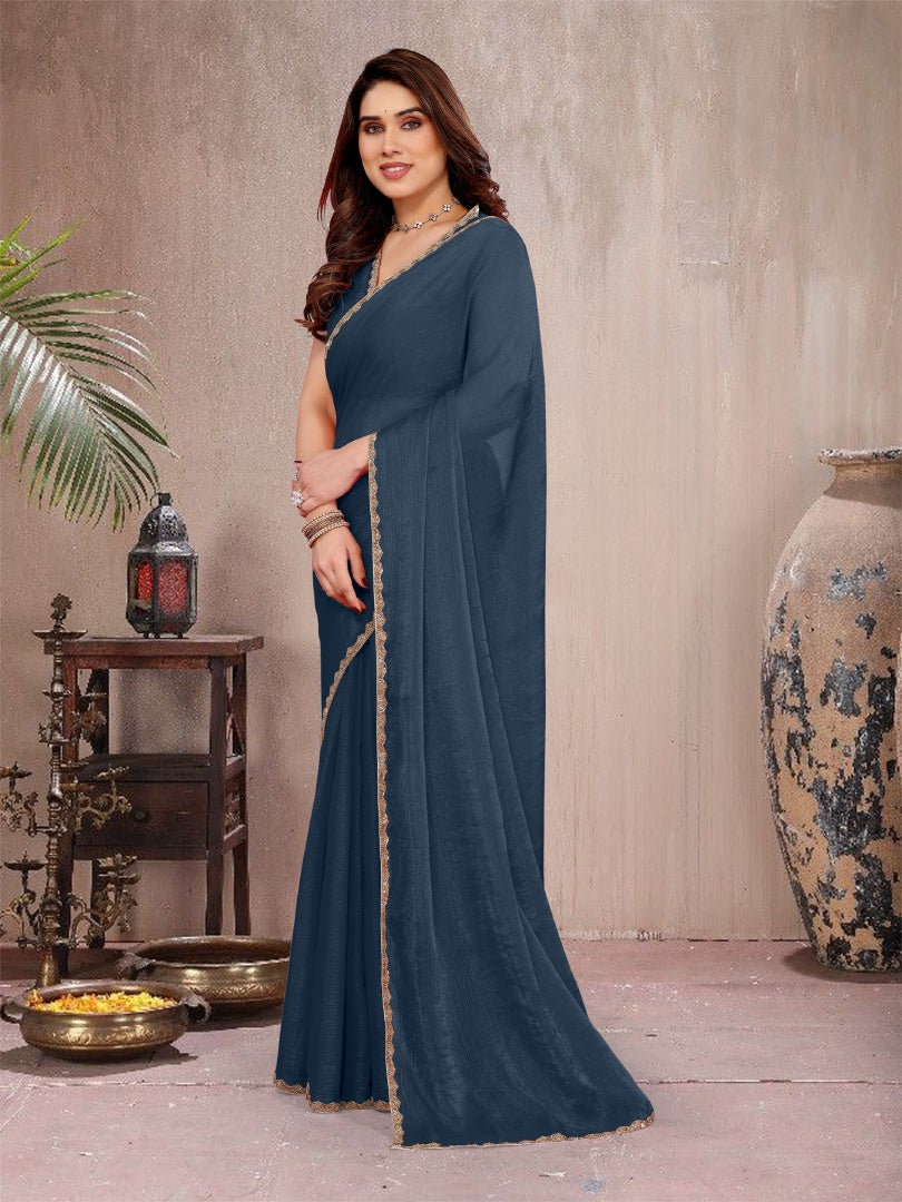 Refreshing Morpich Star Georgette Plain Saree with Work Lace & Matching Blouse