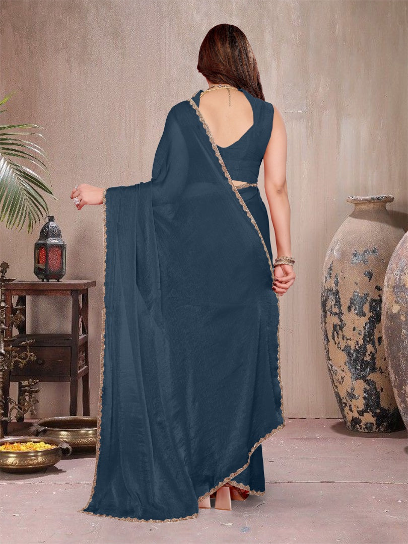 Refreshing Morpich Star Georgette Plain Saree with Work Lace & Matching Blouse