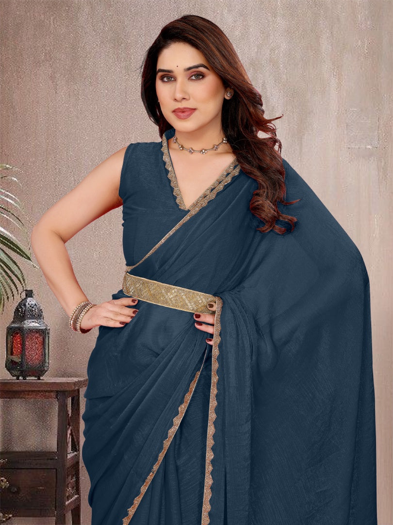 Refreshing Morpich Star Georgette Plain Saree with Work Lace & Matching Blouse