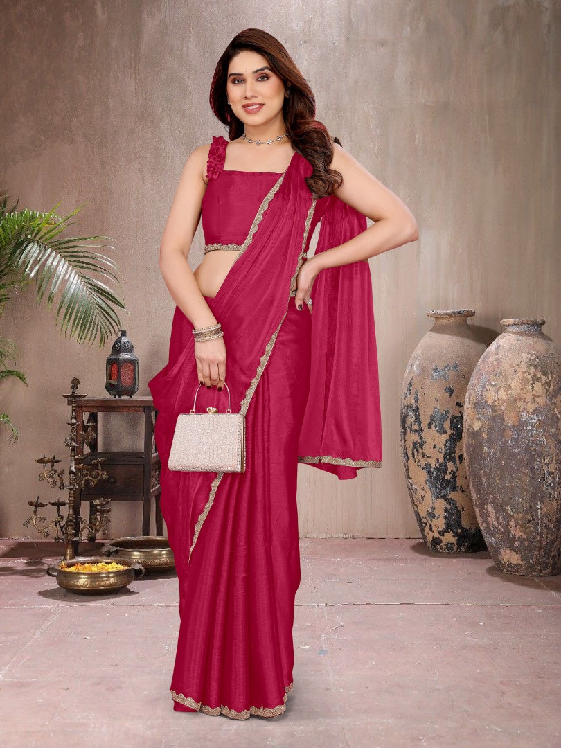 Beautiful Pink Star Georgette Plain Saree with Work Lace & Matching Blouse