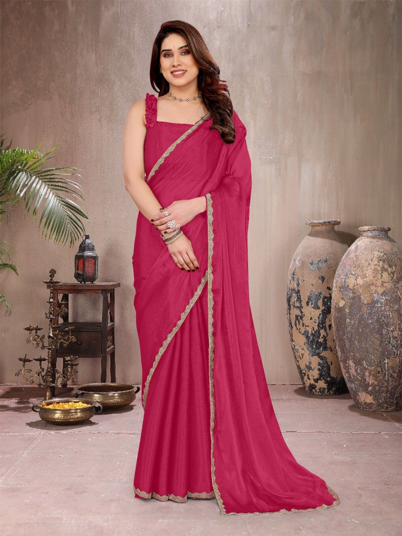 Beautiful Pink Star Georgette Plain Saree with Work Lace & Matching Blouse