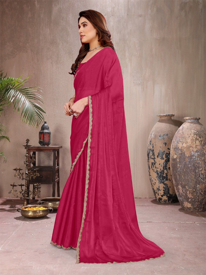 Beautiful Pink Star Georgette Plain Saree with Work Lace & Matching Blouse