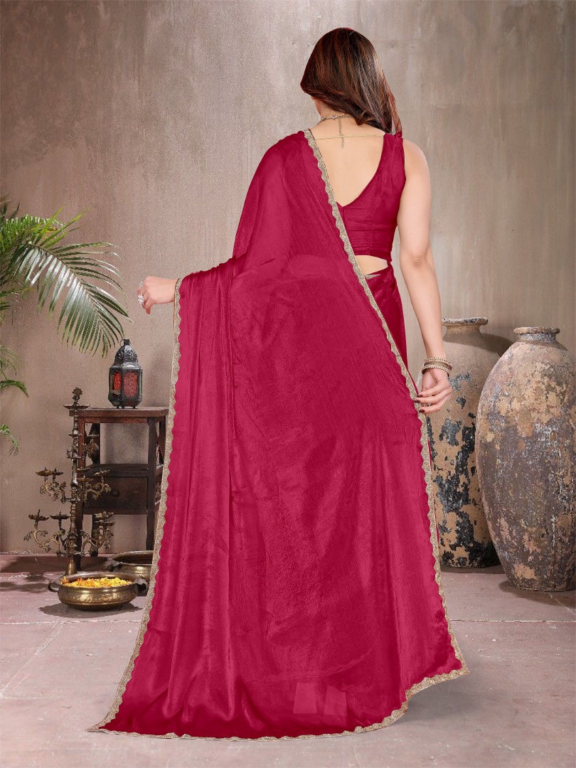 Beautiful Pink Star Georgette Plain Saree with Work Lace & Matching Blouse