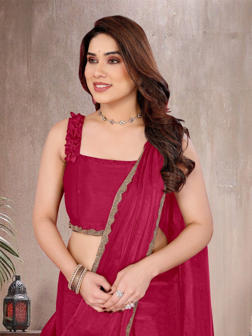 Beautiful Pink Star Georgette Plain Saree with Work Lace & Matching Blouse