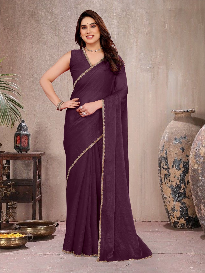 Rich Wine Star Georgette Saree with Work Lace Border & Matching Blouse