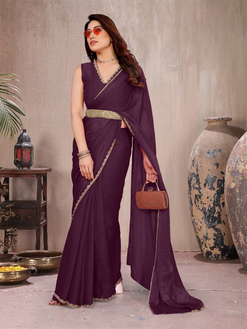 Rich Wine Star Georgette Saree with Work Lace Border & Matching Blouse