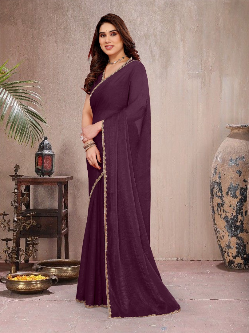 Rich Wine Star Georgette Saree with Work Lace Border & Matching Blouse