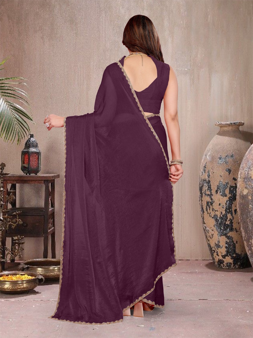 Rich Wine Star Georgette Saree with Work Lace Border & Matching Blouse