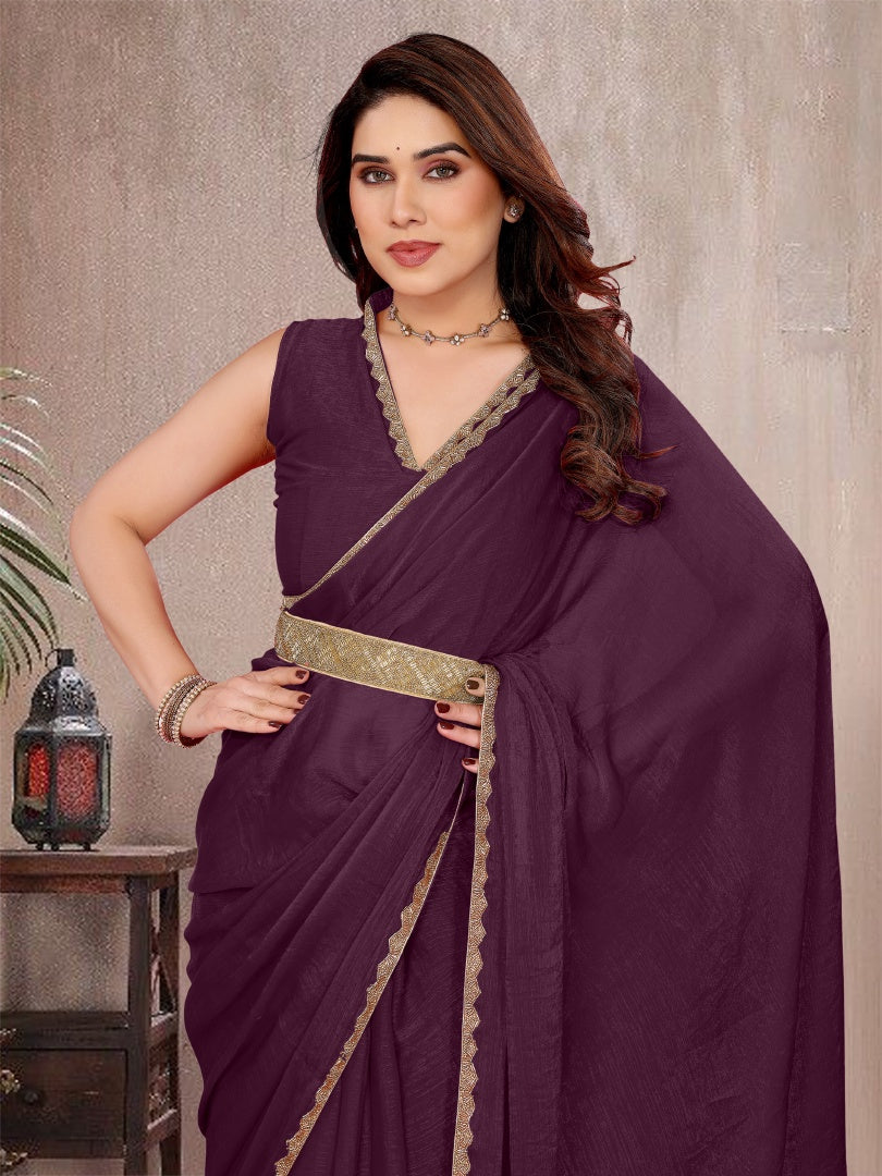 Rich Wine Star Georgette Saree with Work Lace Border & Matching Blouse