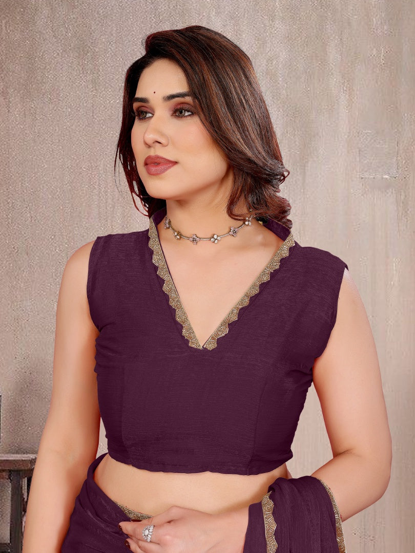 Rich Wine Star Georgette Saree with Work Lace Border & Matching Blouse