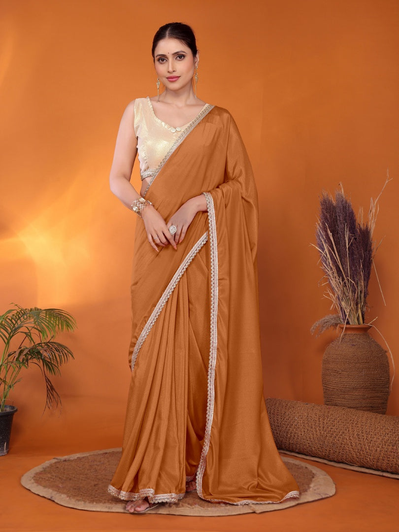 Elegant Brown Star Georgette Saree with Golden Lace Border & Gotaa Zari Blouse
