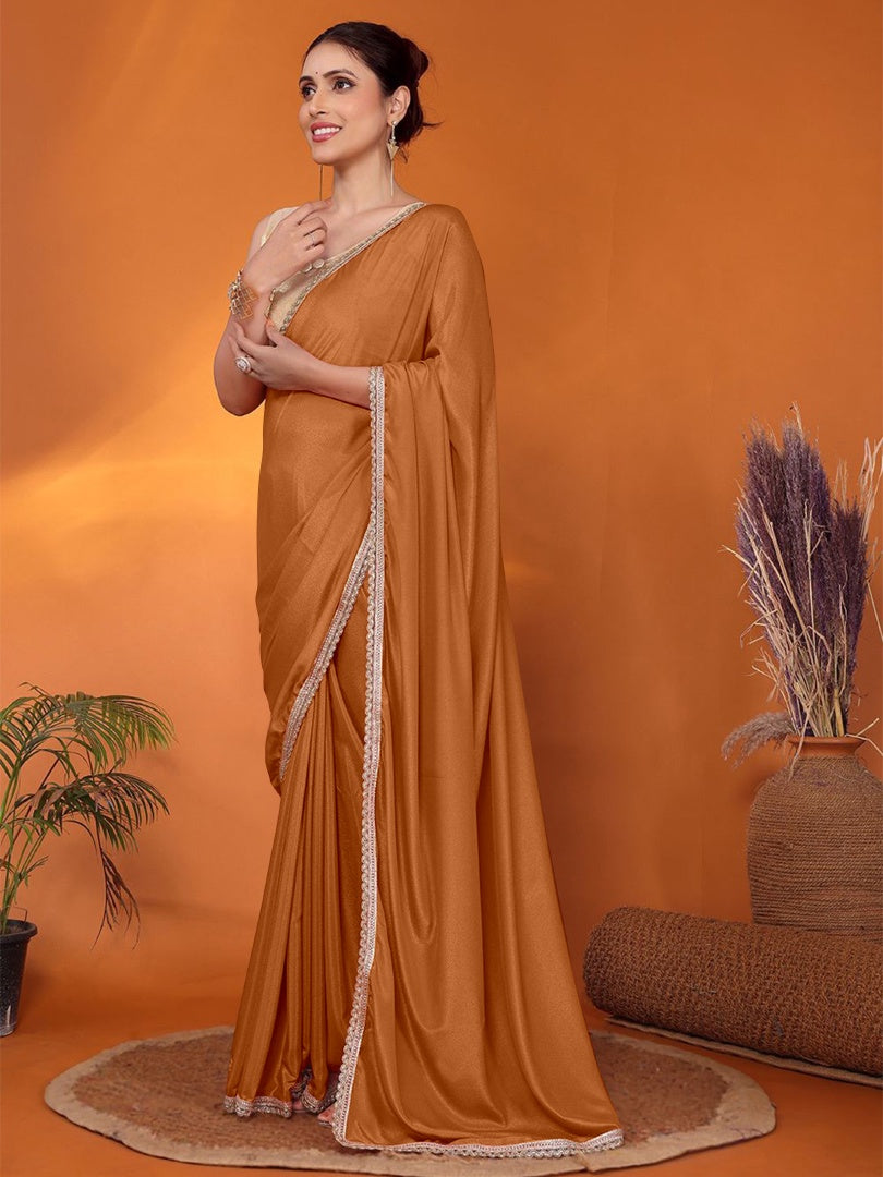 Elegant Brown Star Georgette Saree with Golden Lace Border & Gotaa Zari Blouse
