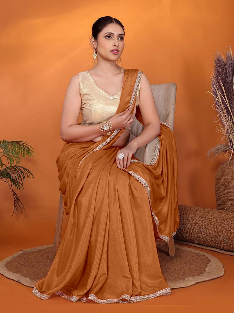 Elegant Brown Star Georgette Saree with Golden Lace Border & Gotaa Zari Blouse