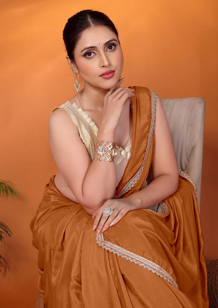Elegant Brown Star Georgette Saree with Golden Lace Border & Gotaa Zari Blouse