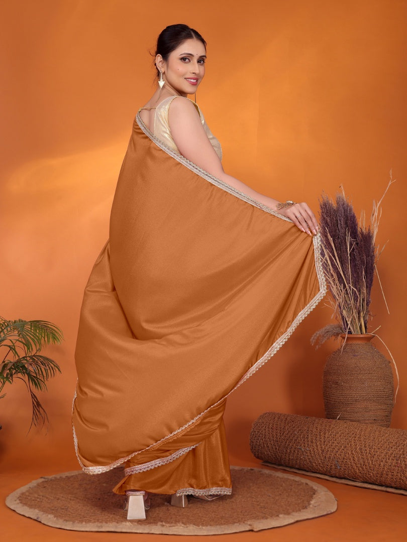 Elegant Brown Star Georgette Saree with Golden Lace Border & Gotaa Zari Blouse