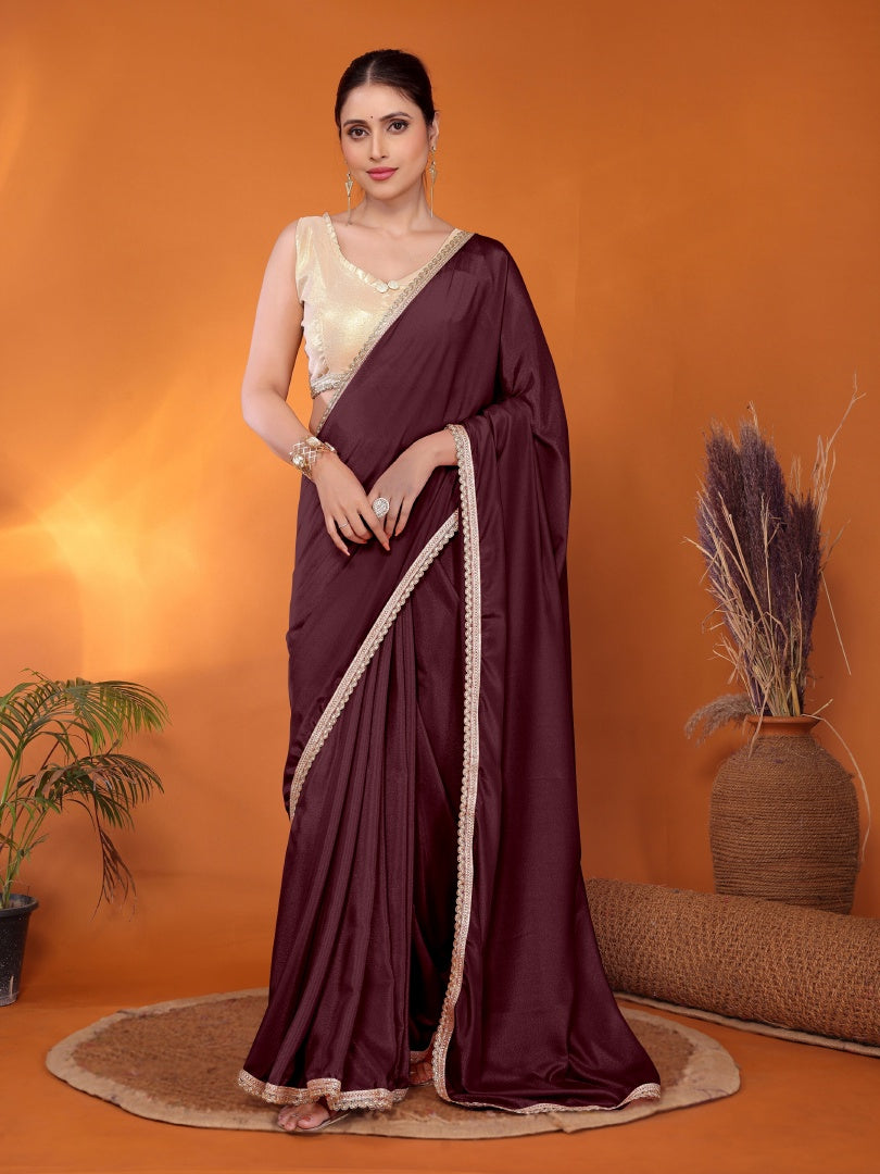 Stylish Burgundy Star Georgette Saree with Golden Lace & Matching Gotaa Zari Blouse