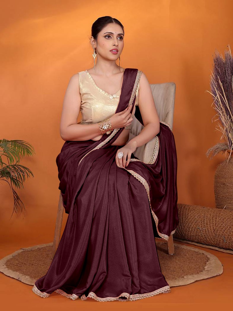 Stylish Burgundy Star Georgette Saree with Golden Lace & Matching Gotaa Zari Blouse