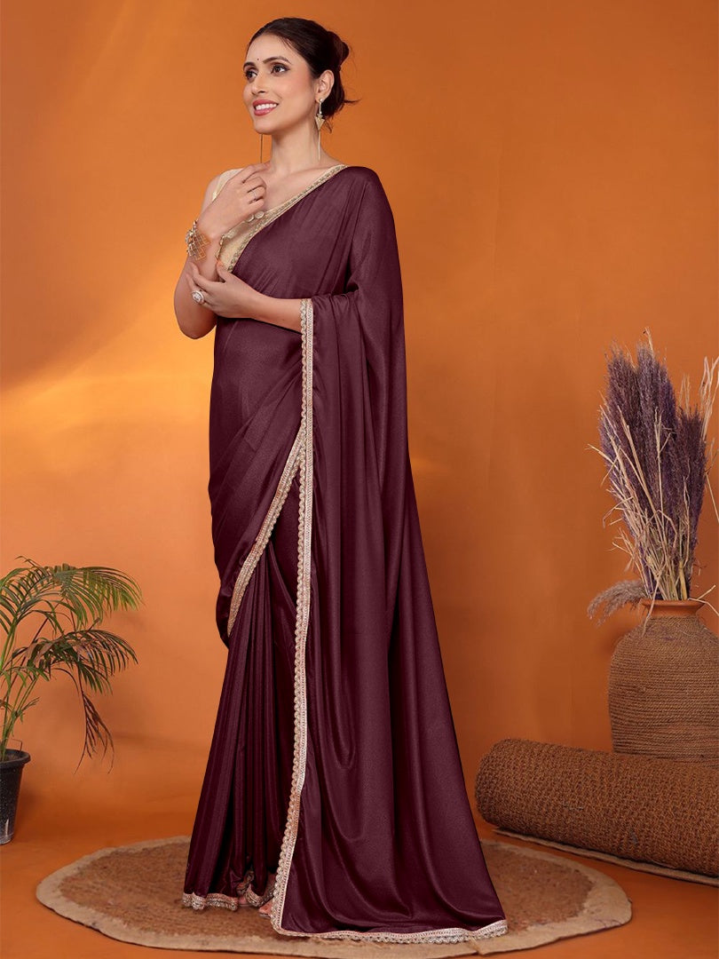 Stylish Burgundy Star Georgette Saree with Golden Lace & Matching Gotaa Zari Blouse