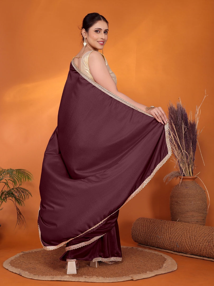 Stylish Burgundy Star Georgette Saree with Golden Lace & Matching Gotaa Zari Blouse