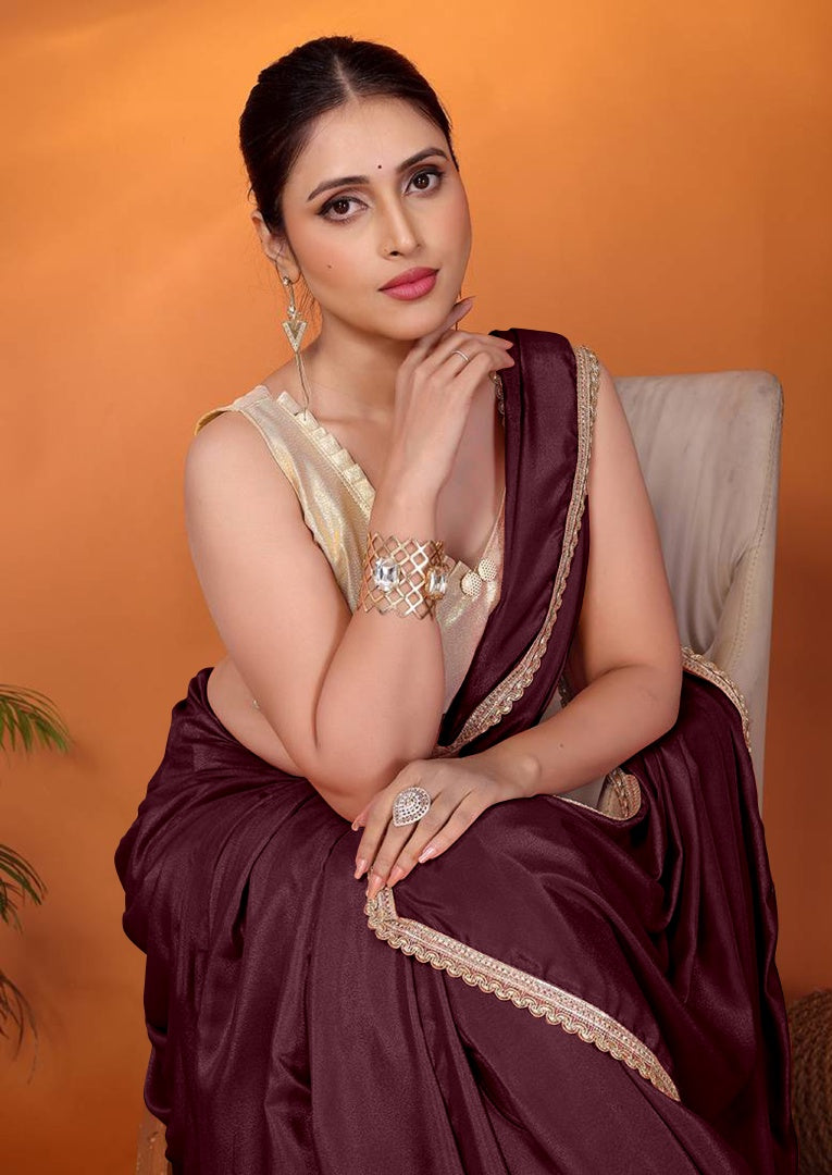 Stylish Burgundy Star Georgette Saree with Golden Lace & Matching Gotaa Zari Blouse