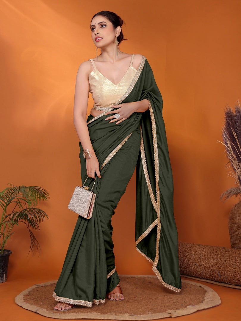 Graceful Mehendi Star Georgette Saree with Golden Lace Border & Gotaa Zari Blouse