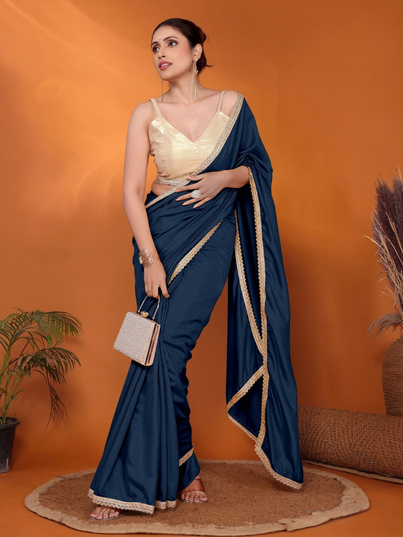 Refreshing Morpich Star Georgette Saree with Golden Lace & Gotaa Zari Blouse