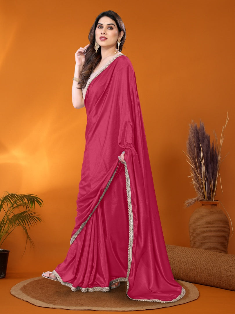 Beautiful Pink Star Georgette Saree with Golden Lace Border & Gotaa Zari Blouse