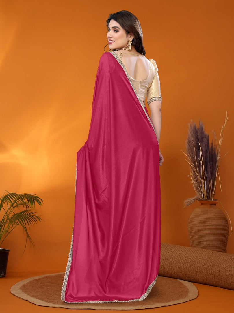 Beautiful Pink Star Georgette Saree with Golden Lace Border & Gotaa Zari Blouse