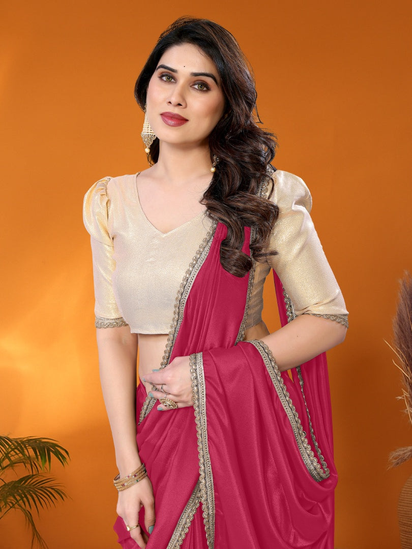 Beautiful Pink Star Georgette Saree with Golden Lace Border & Gotaa Zari Blouse