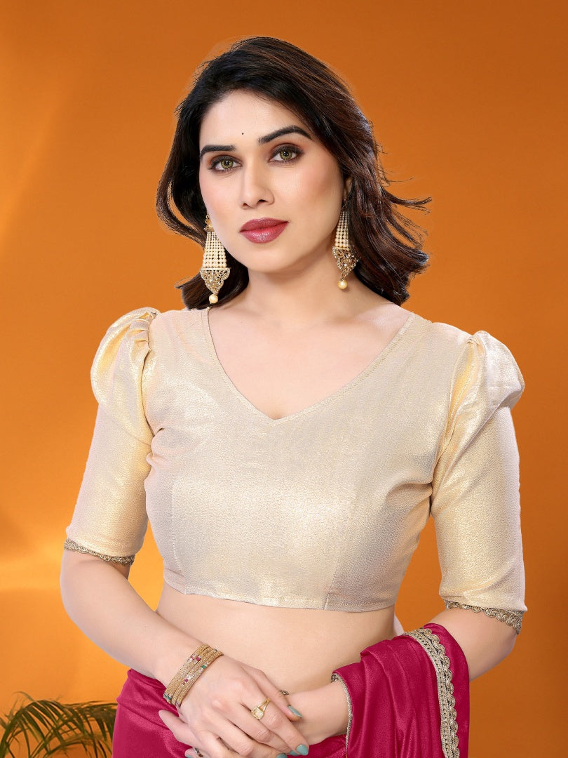 Beautiful Pink Star Georgette Saree with Golden Lace Border & Gotaa Zari Blouse