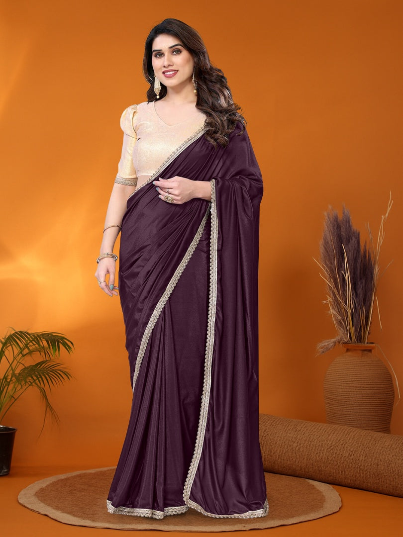 Rich Wine Star Georgette Saree with Golden Lace Detailing & Gotaa Zari Blouse