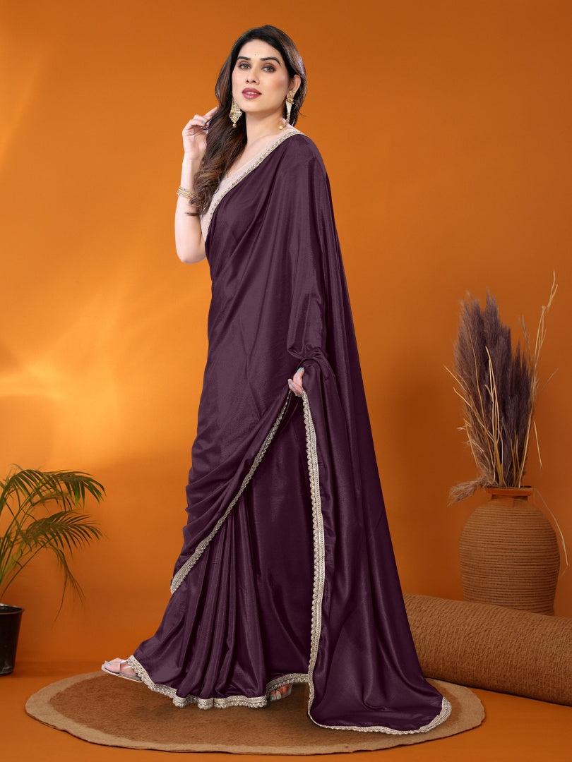 Rich Wine Star Georgette Saree with Golden Lace Detailing & Gotaa Zari Blouse