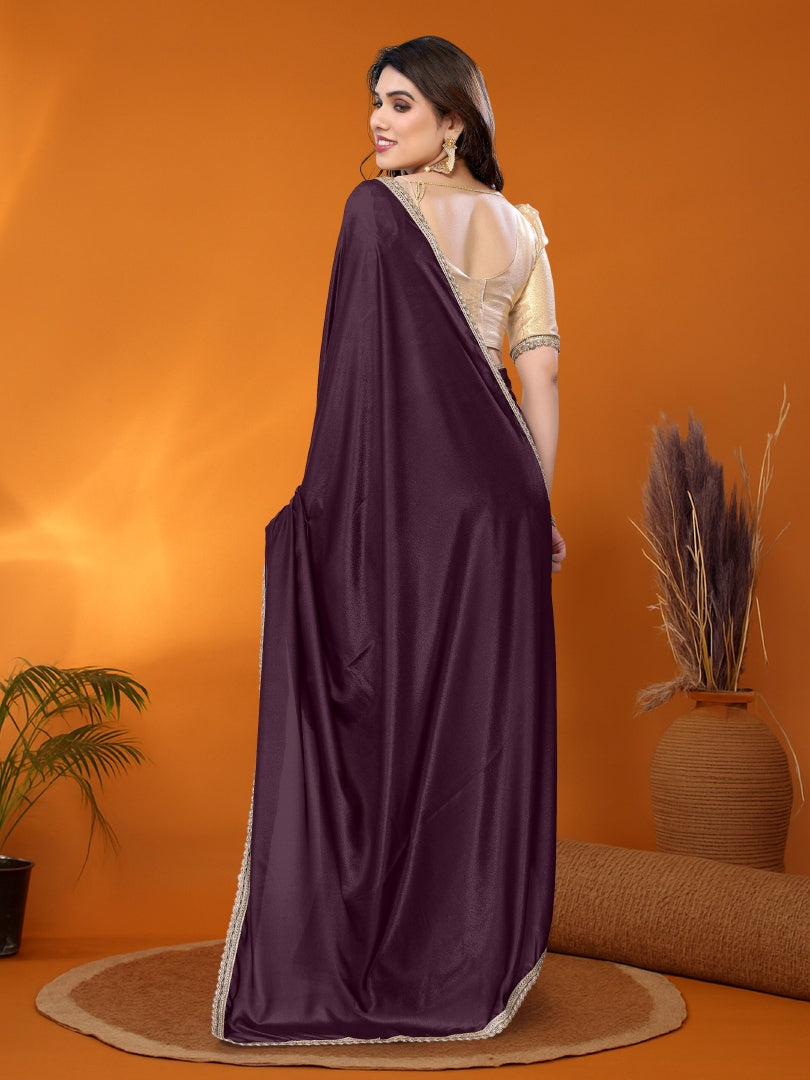 Rich Wine Star Georgette Saree with Golden Lace Detailing & Gotaa Zari Blouse