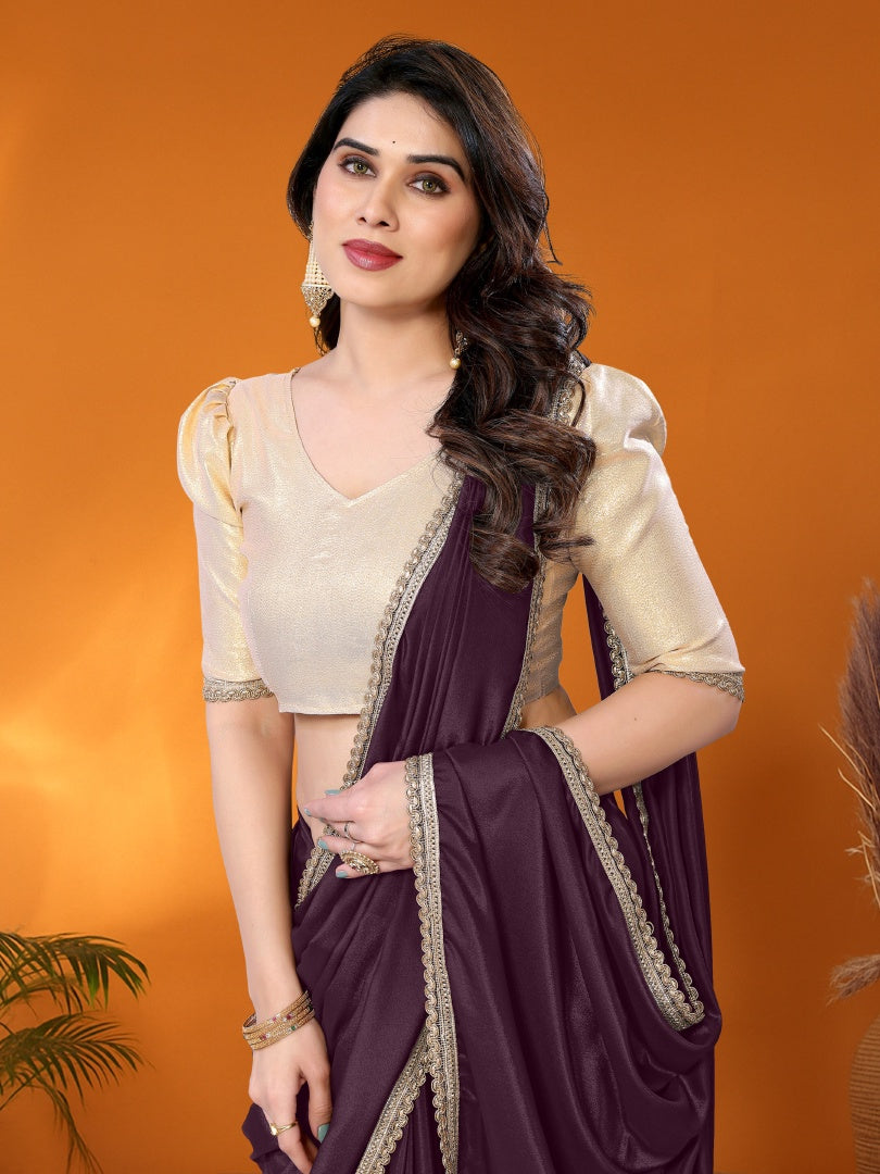 Rich Wine Star Georgette Saree with Golden Lace Detailing & Gotaa Zari Blouse