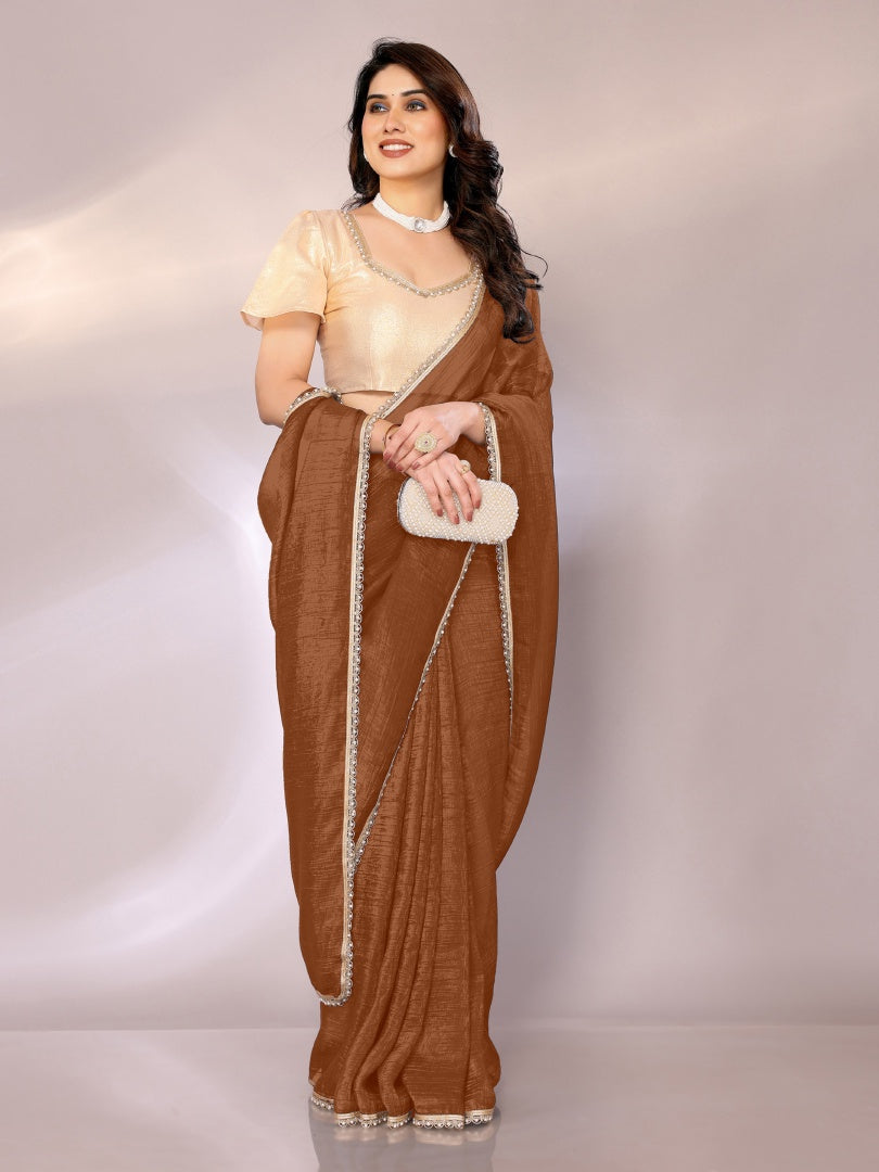 Elegant Brown Star Georgette Solid Saree with Motiwork Border & Gotaa Zari Blouse