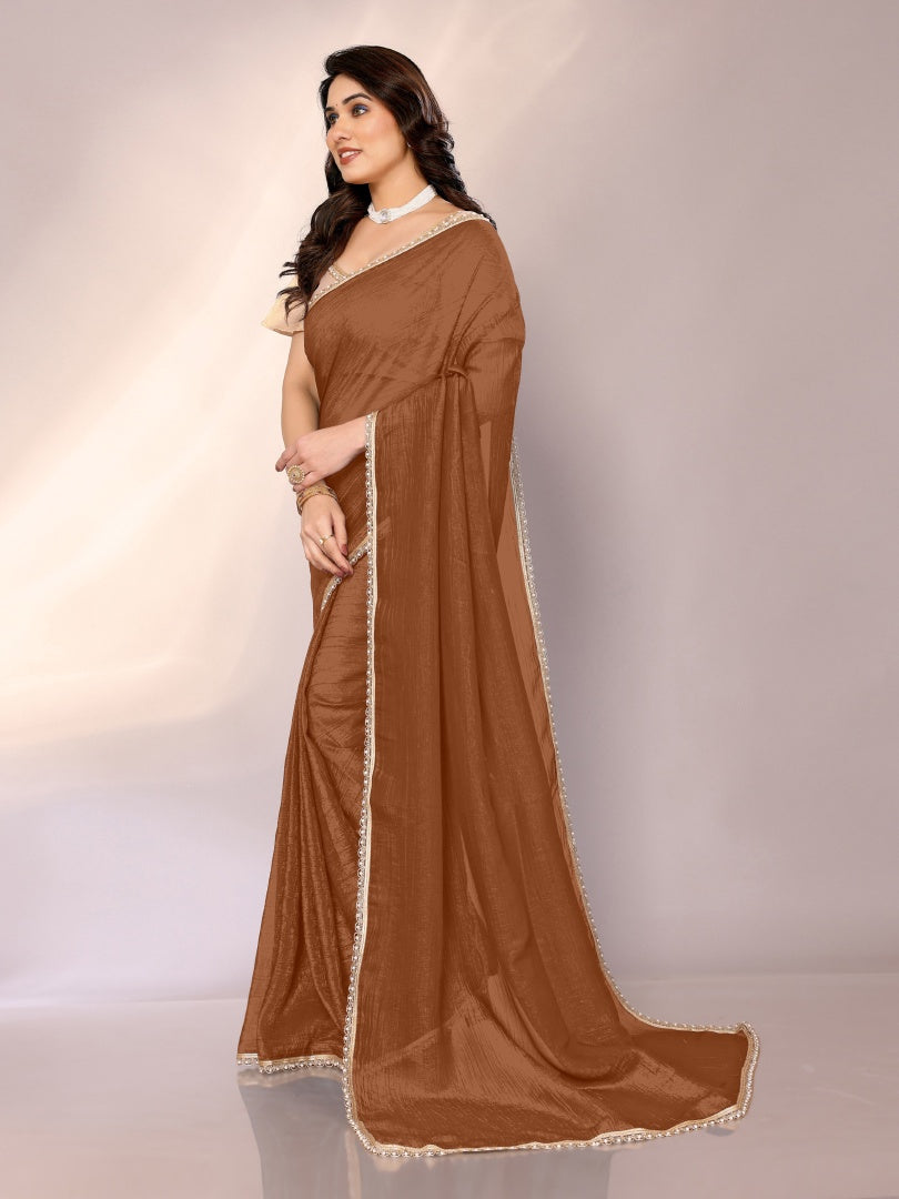 Elegant Brown Star Georgette Solid Saree with Motiwork Border & Gotaa Zari Blouse