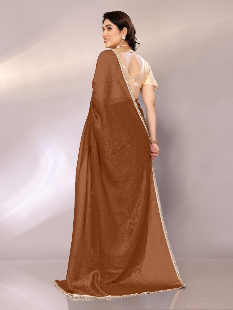 Elegant Brown Star Georgette Solid Saree with Motiwork Border & Gotaa Zari Blouse