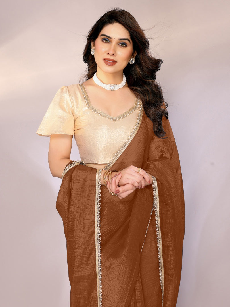 Elegant Brown Star Georgette Solid Saree with Motiwork Border & Gotaa Zari Blouse
