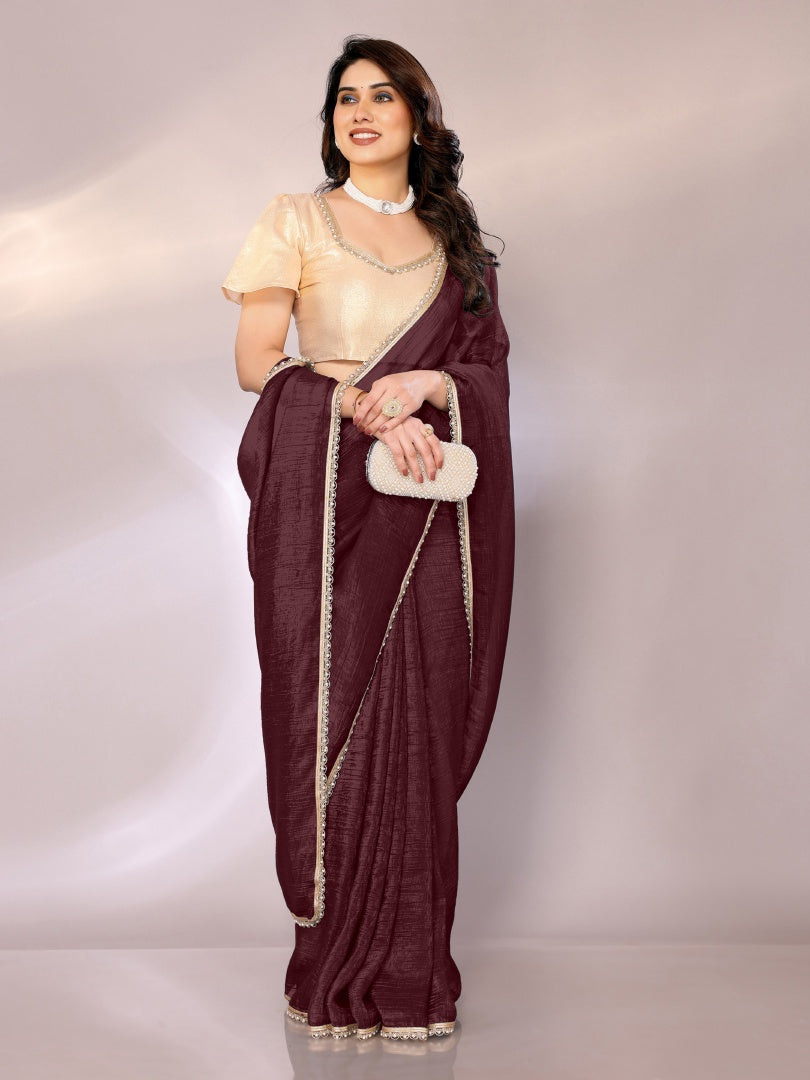 Stylish Burgundy Star Georgette Solid Saree with Motiwork Border & Gotaa Zari Blouse