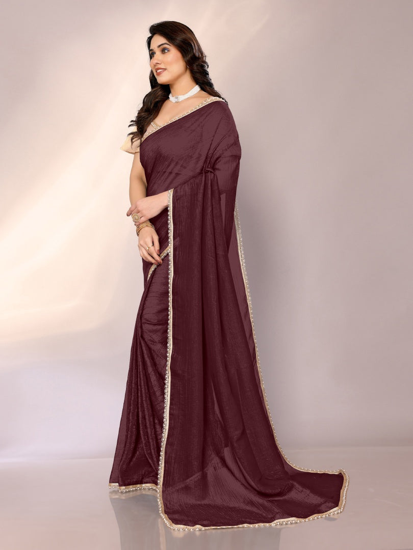Stylish Burgundy Star Georgette Solid Saree with Motiwork Border & Gotaa Zari Blouse