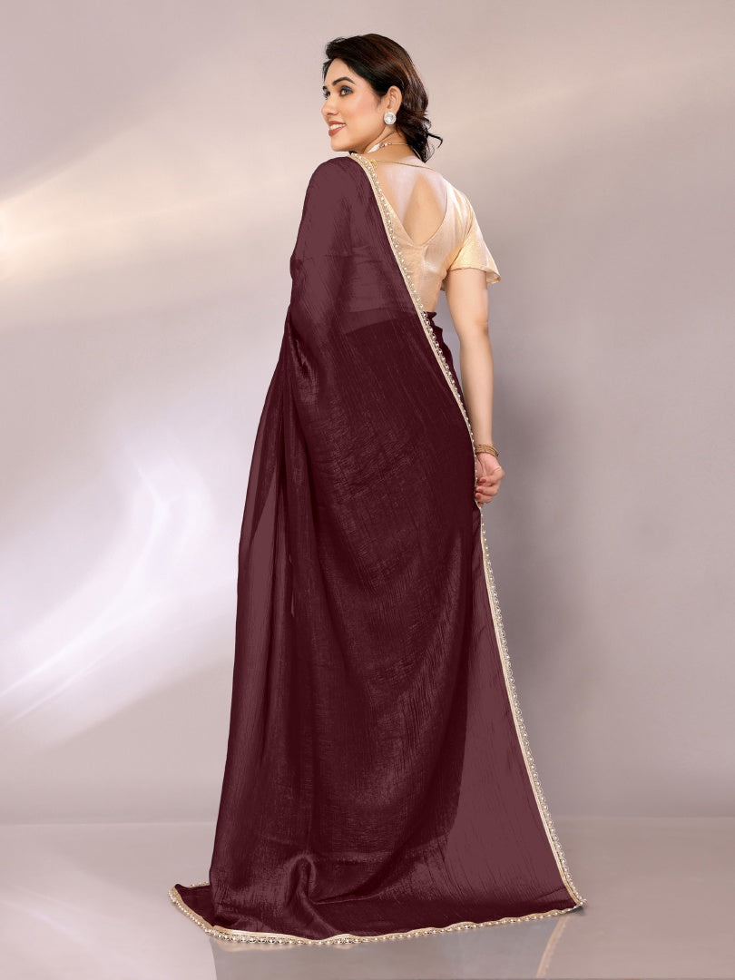 Stylish Burgundy Star Georgette Solid Saree with Motiwork Border & Gotaa Zari Blouse