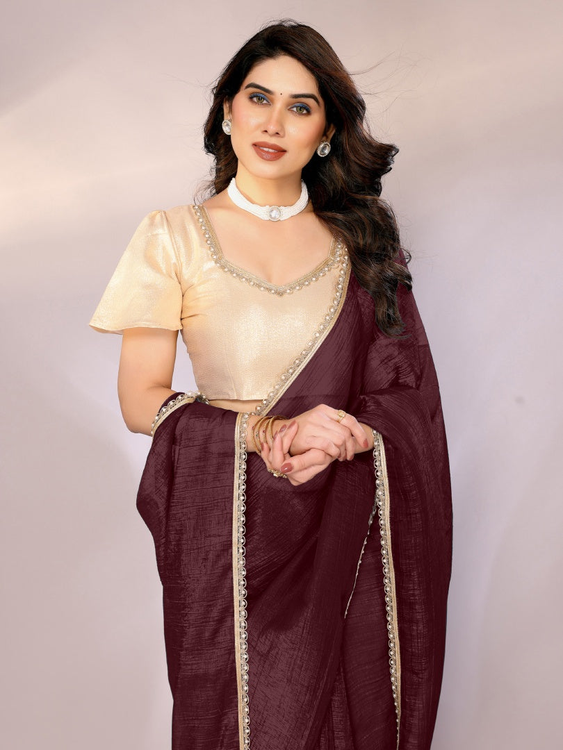 Stylish Burgundy Star Georgette Solid Saree with Motiwork Border & Gotaa Zari Blouse