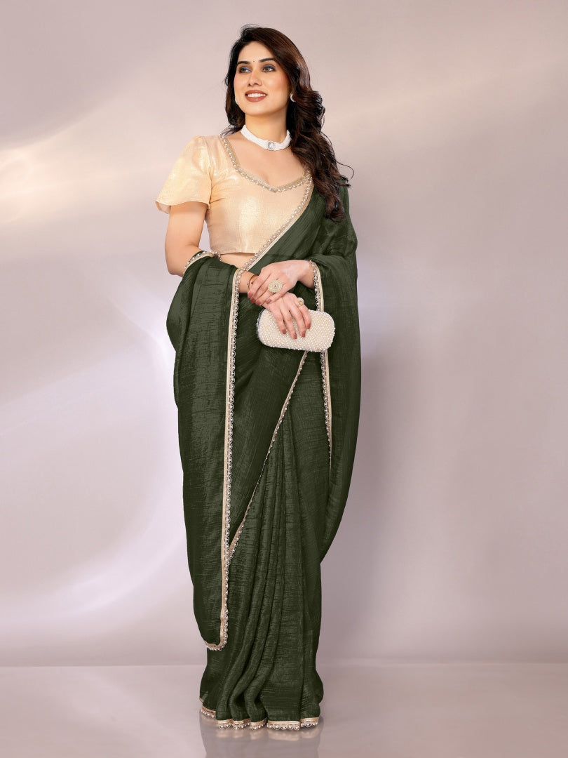 Graceful Mehendi Star Georgette Saree with Motiwork Border & Gotaa Zari Blouse