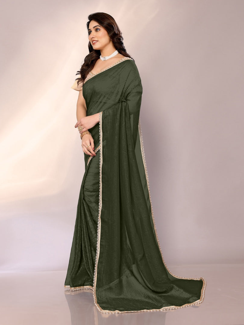 Graceful Mehendi Star Georgette Saree with Motiwork Border & Gotaa Zari Blouse
