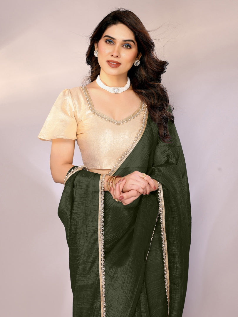 Graceful Mehendi Star Georgette Saree with Motiwork Border & Gotaa Zari Blouse