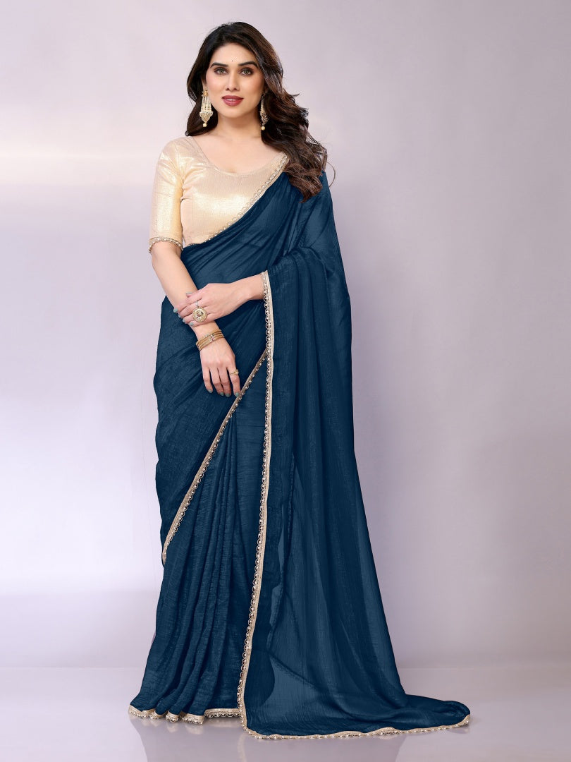 Refreshing Morpich Star Georgette Solid Saree with Motiwork Border & Gotaa Zari Blouse