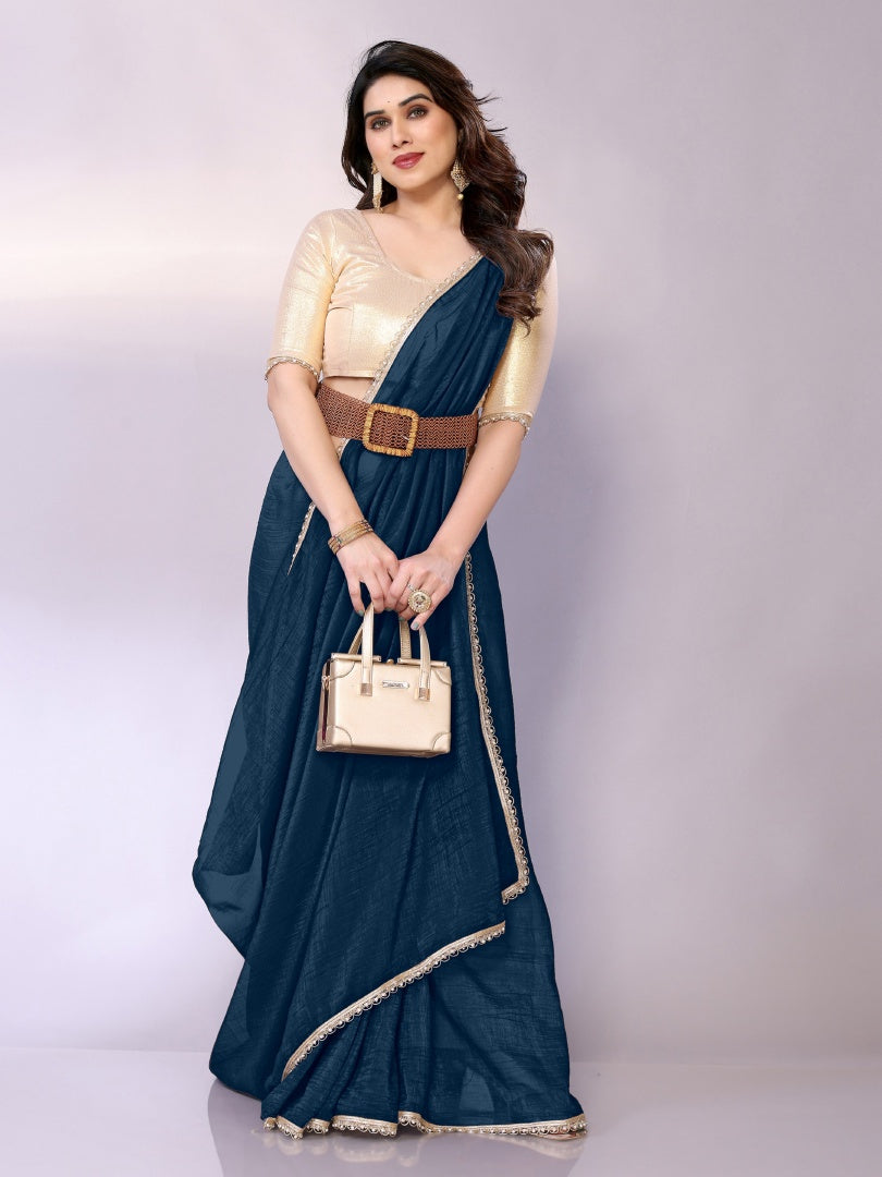 Refreshing Morpich Star Georgette Solid Saree with Motiwork Border & Gotaa Zari Blouse