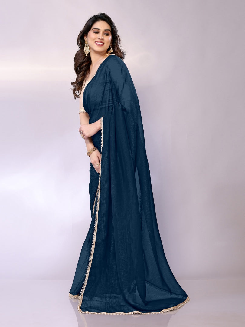 Refreshing Morpich Star Georgette Solid Saree with Motiwork Border & Gotaa Zari Blouse
